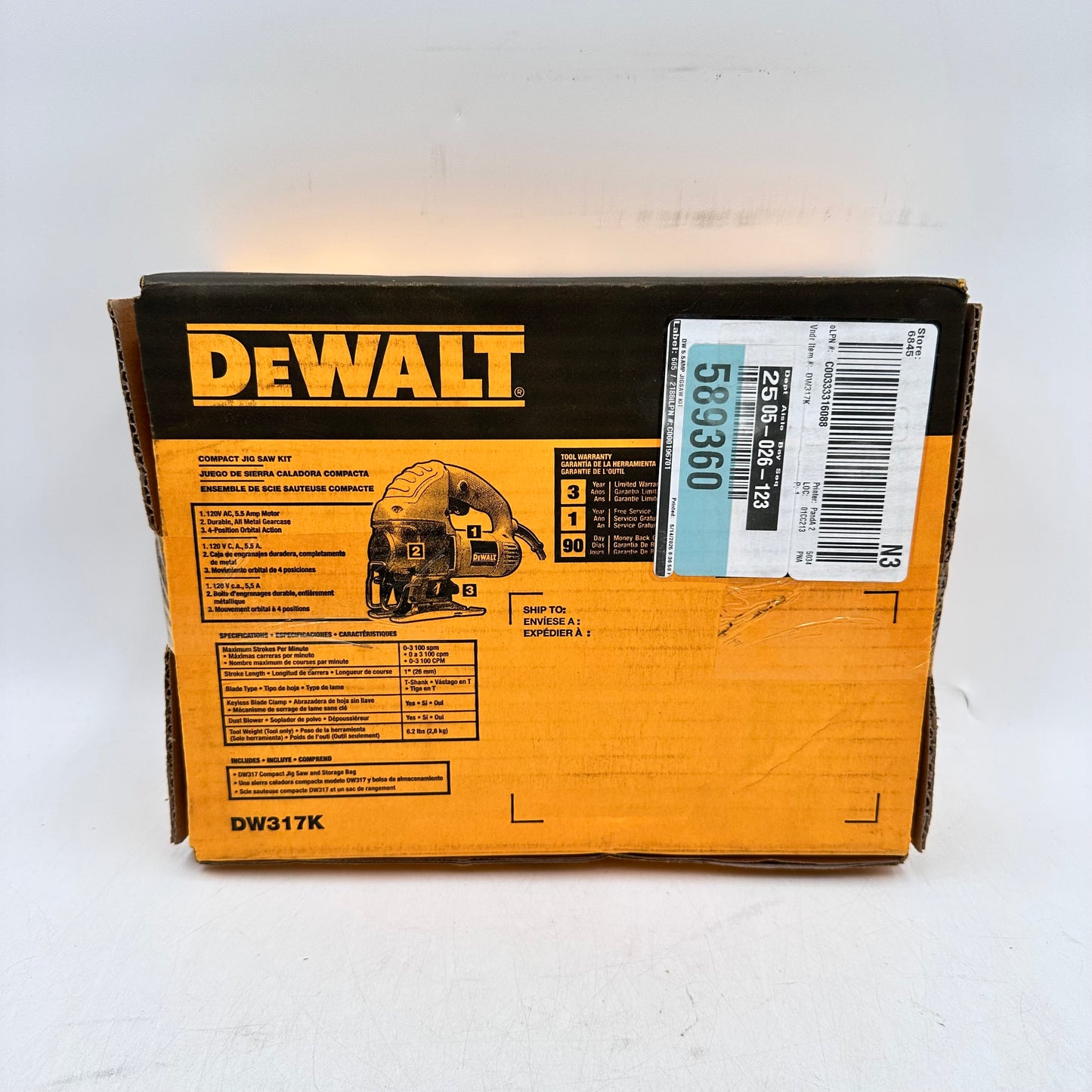 New DeWalt DW317K 120V AC 5.5 Amp Motor Compact Jig Saw Kit