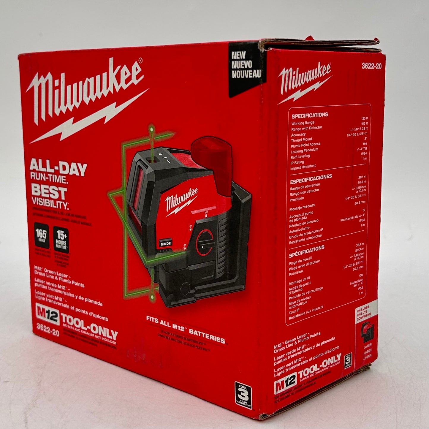 New Milwaukee 3622-20 M12 12V Green Laser- Cross Line & Plumb Points