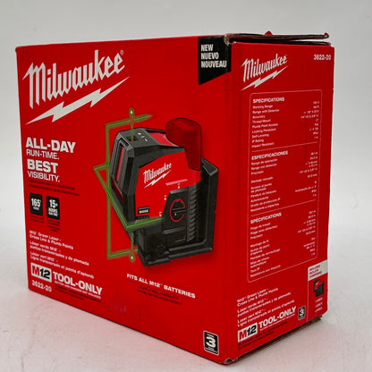 New Milwaukee 3622-20 M12 12V Green Laser- Cross Line & Plumb Points