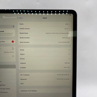 WiFi Only Apple iPad Pro 12.9" 3rd Gen 256GB Space Gray MTFL2LL/A