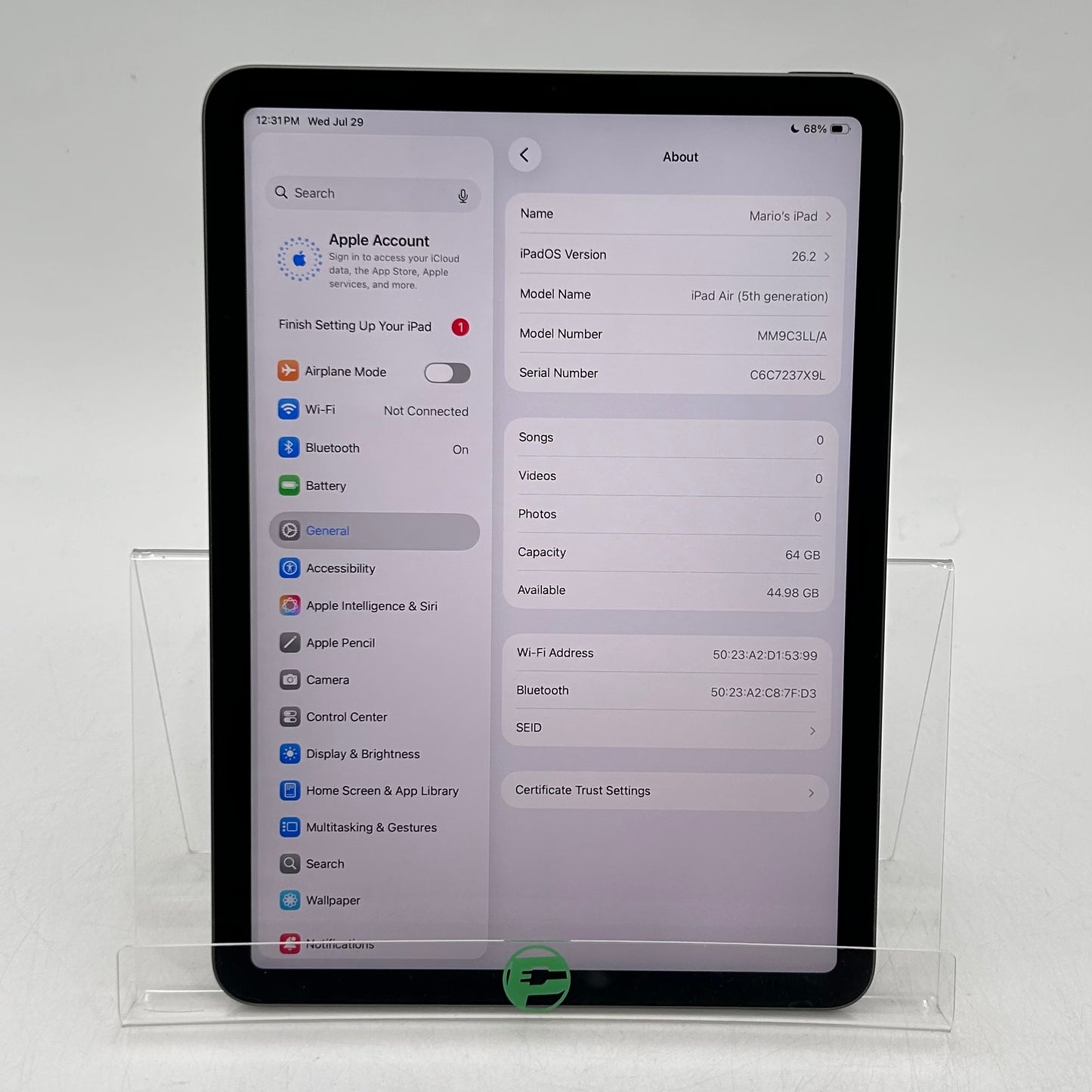 WiFi Only Apple iPad Air 5th Gen 64GB Space Gray MM9C3LL/A
