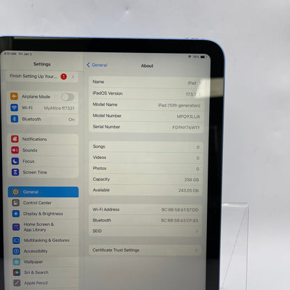 WiFi Only Apple iPad 10th Gen 256GB Blue MPQ93LL/A with Apple Care+