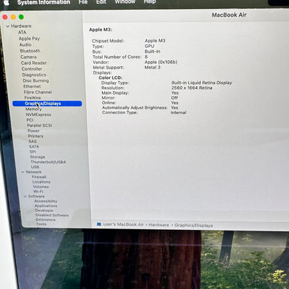 2024 Apple MacBook Air 13.6" M3 8C GPU 4.0GHz 8GB RAM 256GB SSD MRXN3LL/A
