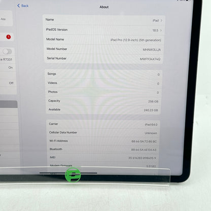 Unlocked Apple iPad Pro 12.9" 5th Gen 256GB Silver MHNW3LL/A