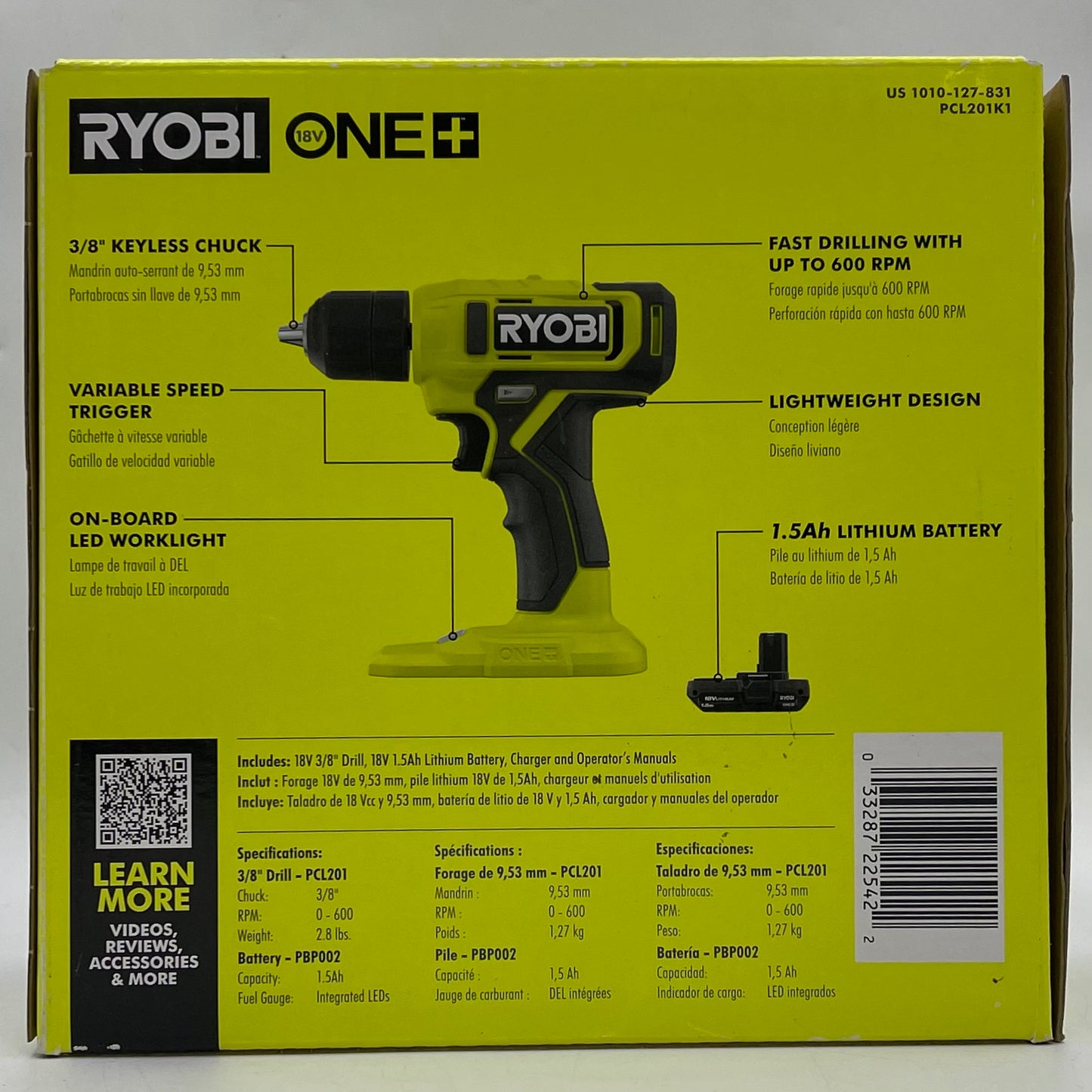 New Ryobi PCL201K1 18V 3/8" Drill Kit