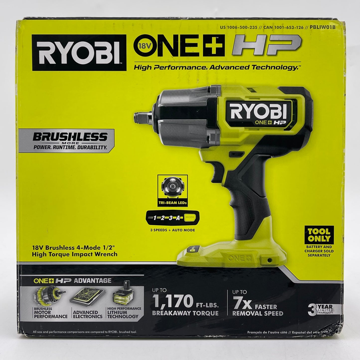 New Ryobi PBLIW01B 18V Brushless 4-Mode 1/2" High Torque Impact Wrench