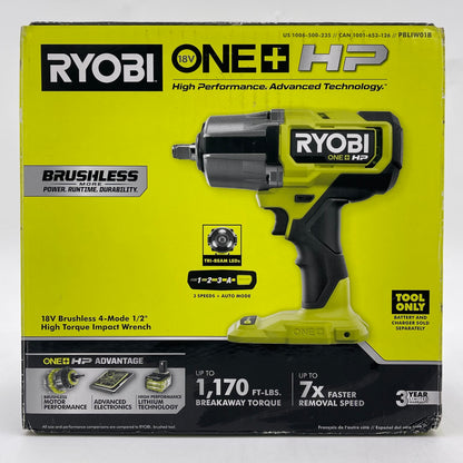 New Ryobi PBLIW01B 18V Brushless 4-Mode 1/2" High Torque Impact Wrench