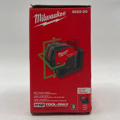 New Milwaukee 3622-20 M12 12V Green Laser Cross Line & Plumb Points