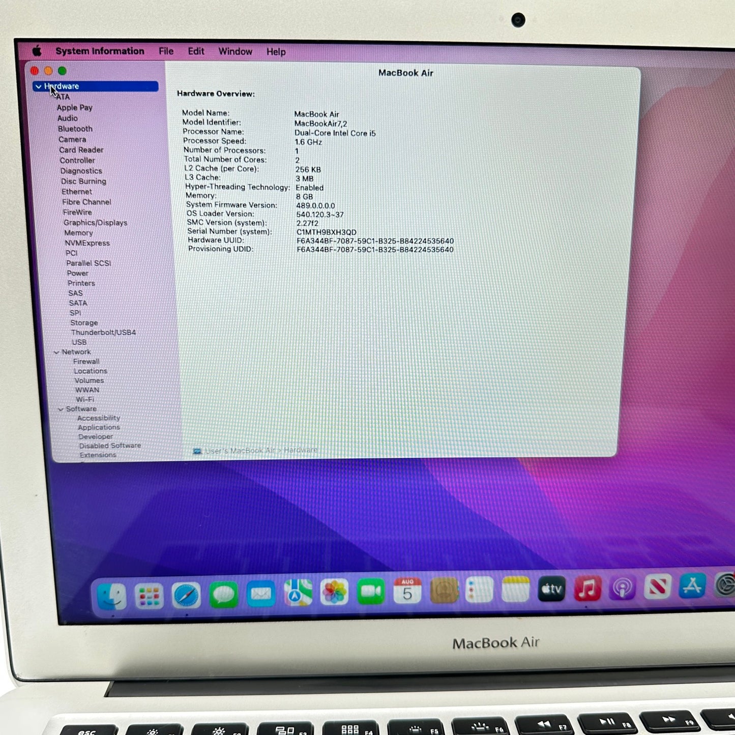 2015 Apple MacBook Air 13.3" i5 1.6GHz 8GB RAM 128GB SSD Silver A1466