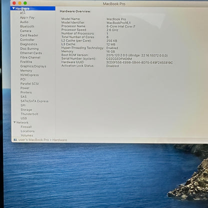 2019 Apple MacBook Pro 16" i7 2.6GHz 16GB RAM 512GB SSD Space Gray A2141