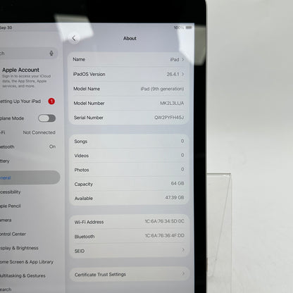 WiFi Only Apple iPad 9th Gen 64GB Silver MK2L3LL/A