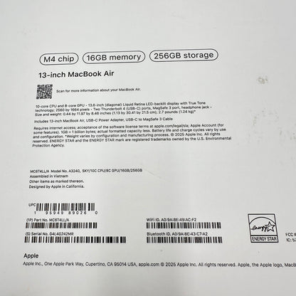 2025 Apple MacBook Air 13.3" M4 8C GPU 4.5GHz 16GB RAM 256GB SSD MCT64LL/A