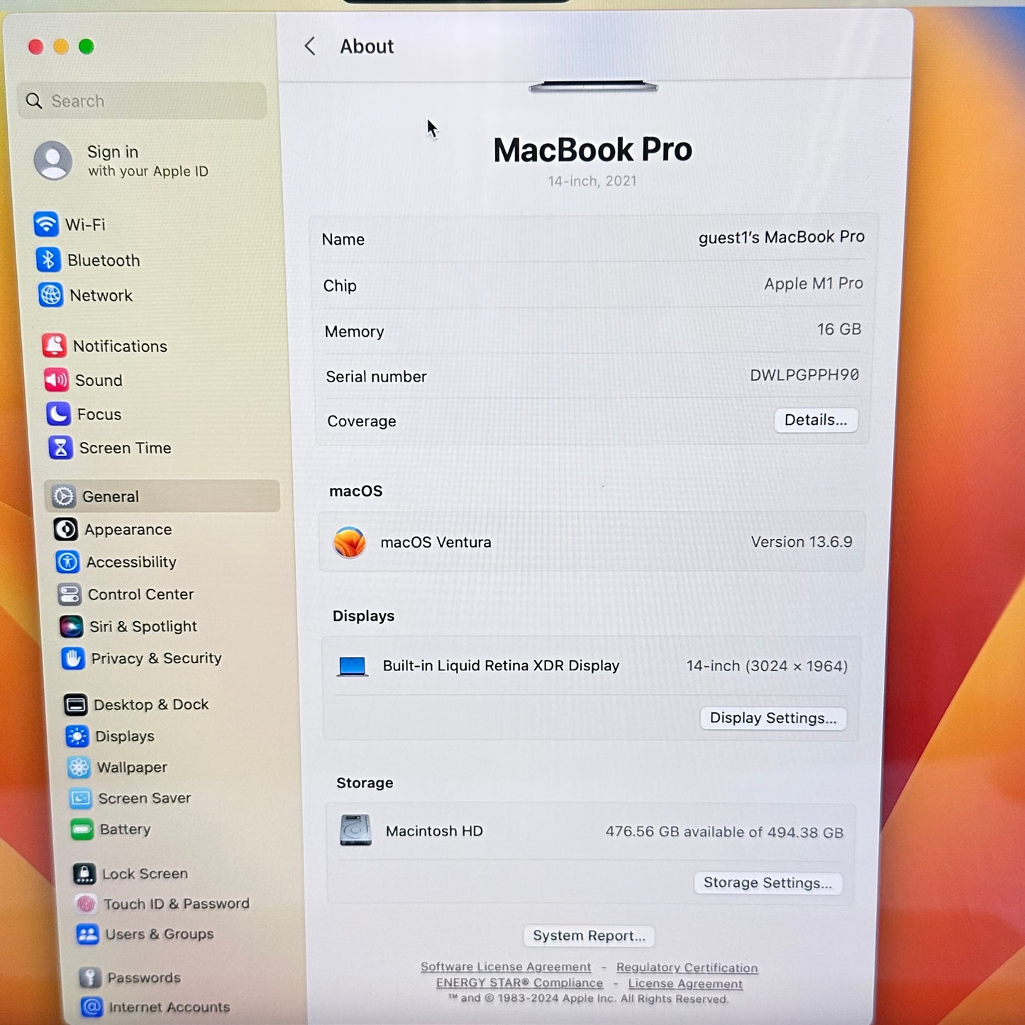 2021 Apple MacBook Pro 14" M1 Pro 14C GPU 3.2GHz 16GB RAM 512GB SSD A2442