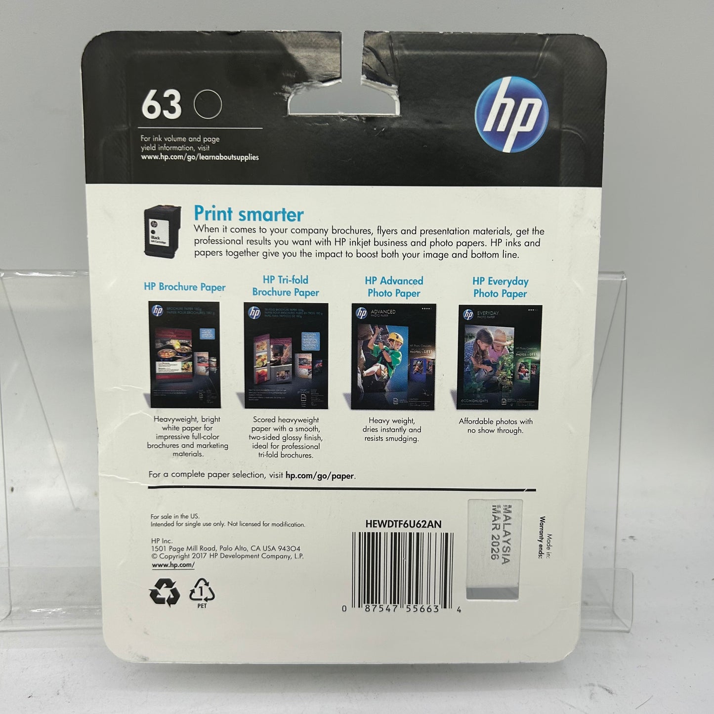 New HP 63 F6U62AN Black Noir Ink Cartridge