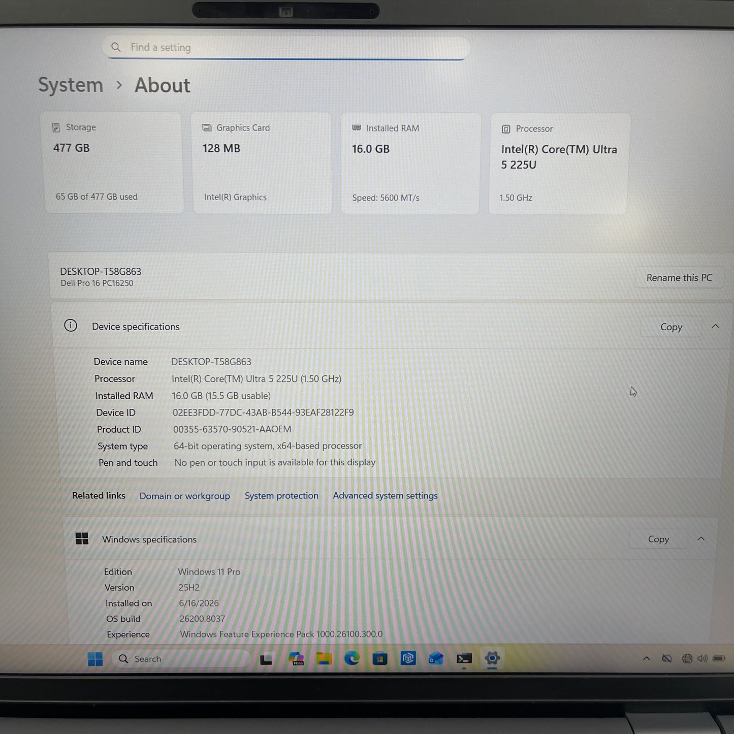 Dell Pro 16 PC16250 16" Core Ultra 5 225U 1.5GHz 16GB RAM 512GB SSD