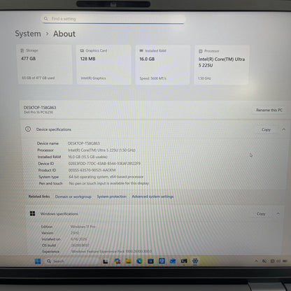 Dell Pro 16 PC16250 16" Core Ultra 5 225U 1.5GHz 16GB RAM 512GB SSD