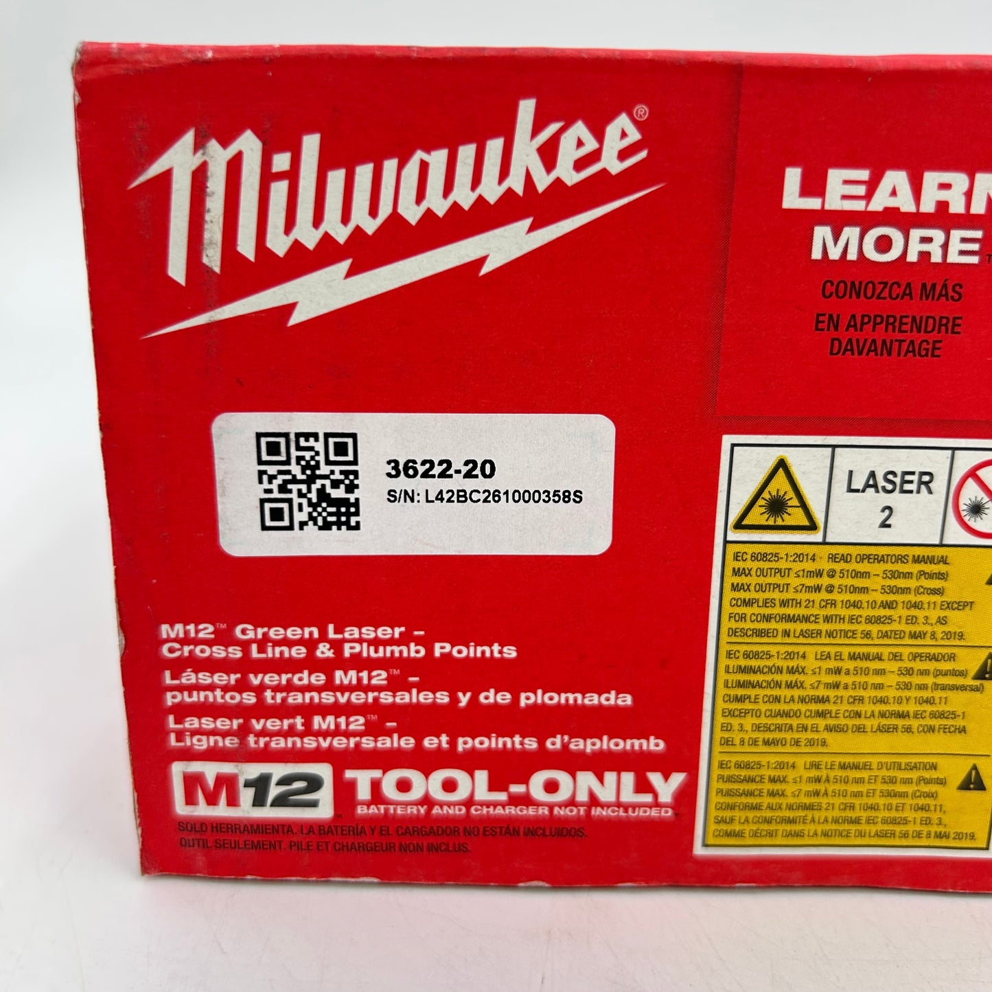 New Milwaukee 3622-20 M12 12V Green Laser- Cross Line & Plumb Points