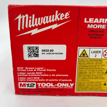 New Milwaukee 3622-20 M12 12V Green Laser- Cross Line & Plumb Points