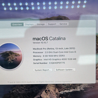 2012 Apple MacBook Pro 13.3" i5 2.5GHz 8GB RAM 128GB SSD Silver A1425 Read