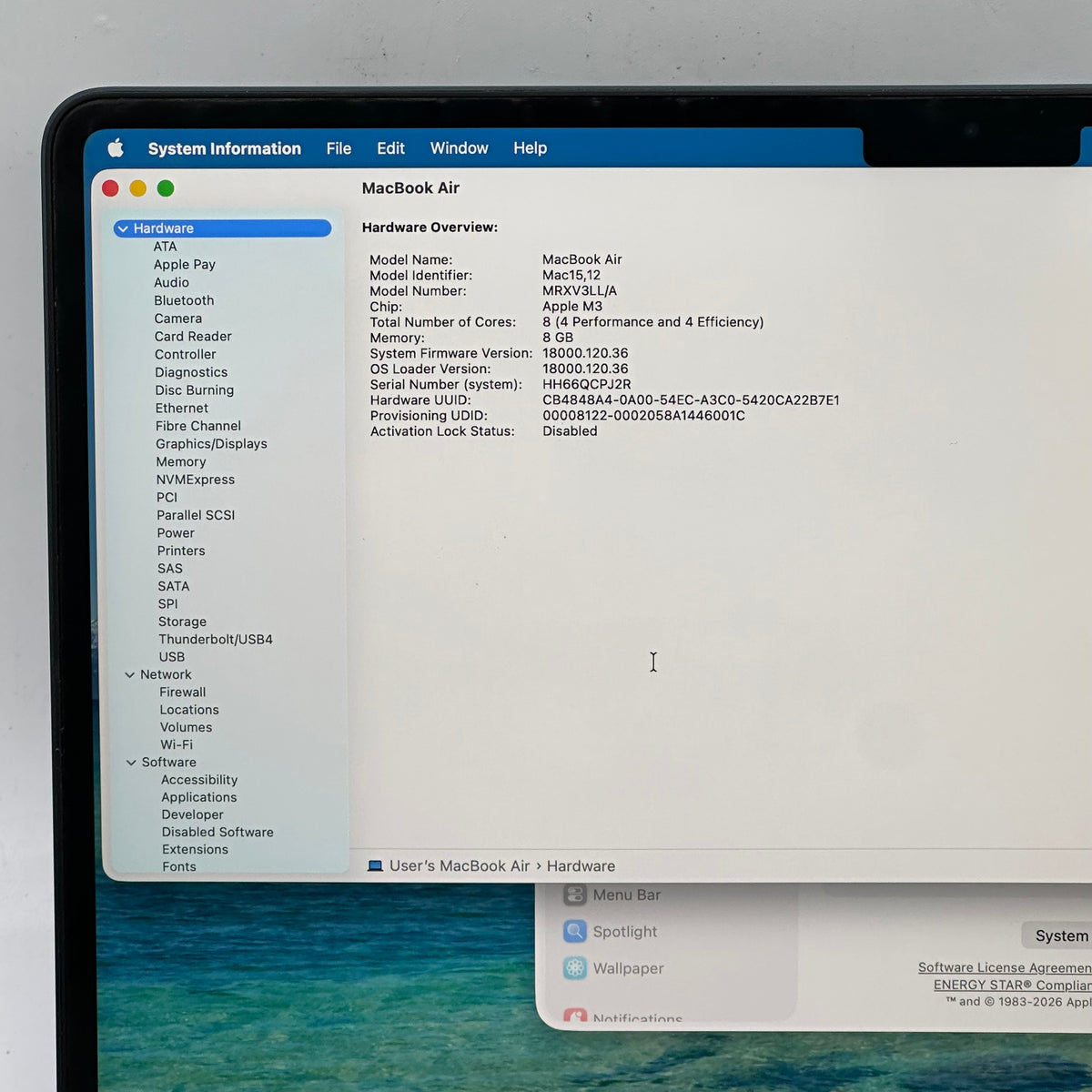 2024 Apple Macbook Air 13.6" M3 8C GPU 4.0GHz 8GB RAM 256GB SSD A3113