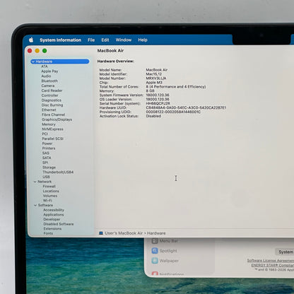 2024 Apple Macbook Air 13.6" M3 8C GPU 4.0GHz 8GB RAM 256GB SSD A3113