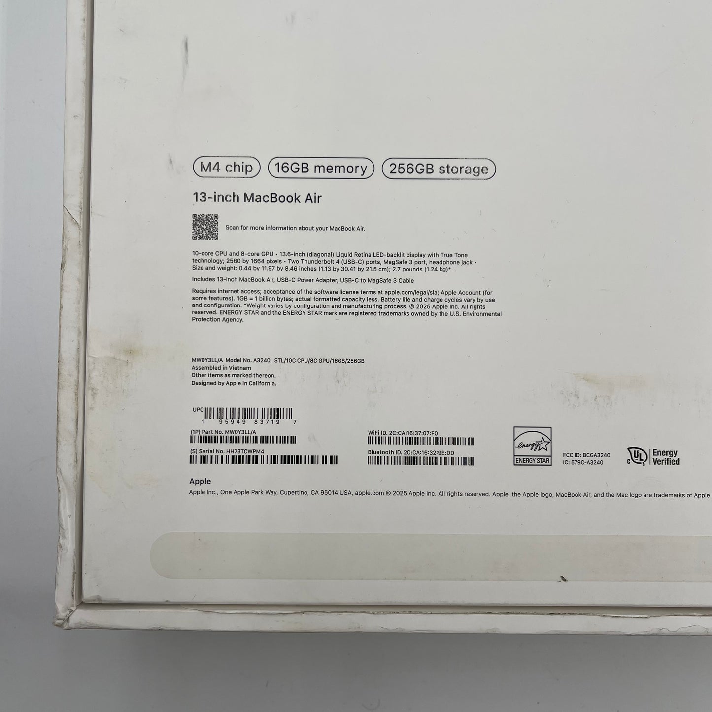 2025 Apple MacBook Air 13" M4 8C GPU 4.5GHz 16GB RAM 256GB SSD A3240