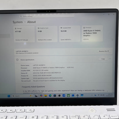 Asus ROG G14 14" Ryzen 9 7940HS 4.0GHz 16GB RAM 512GB GeForce RTX 4060 Read