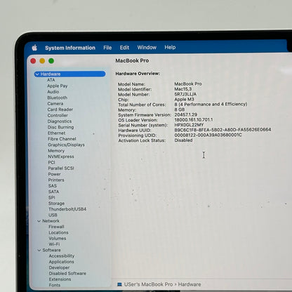 2023 Apple MacBook Pro 14" M3 10C GPU 4.0GHz 8GB RAM 512GB SSD A2918