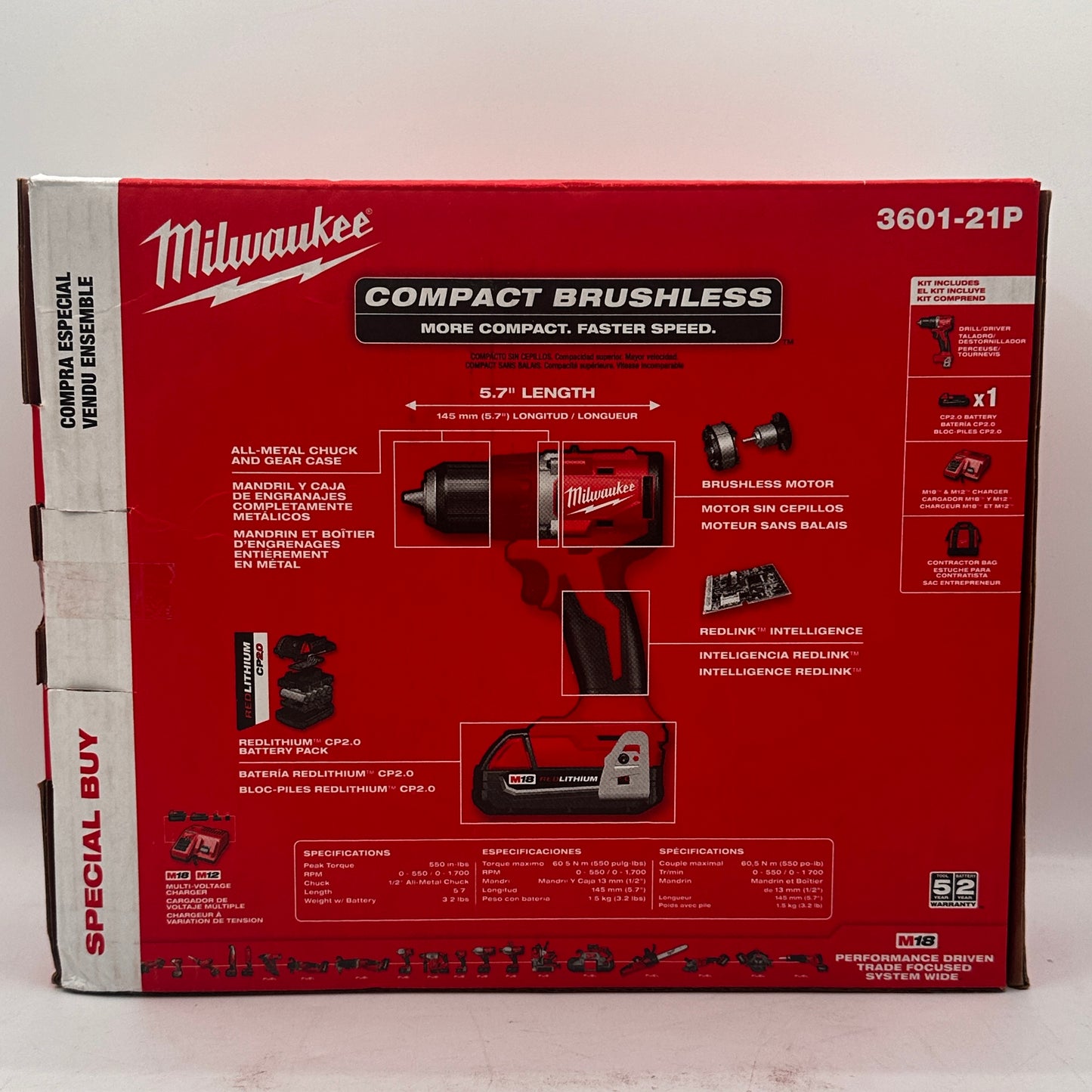 New Milwaukee 3601-21P M18 M18 Compact Brushless 1/2" Drill/Driver Kit