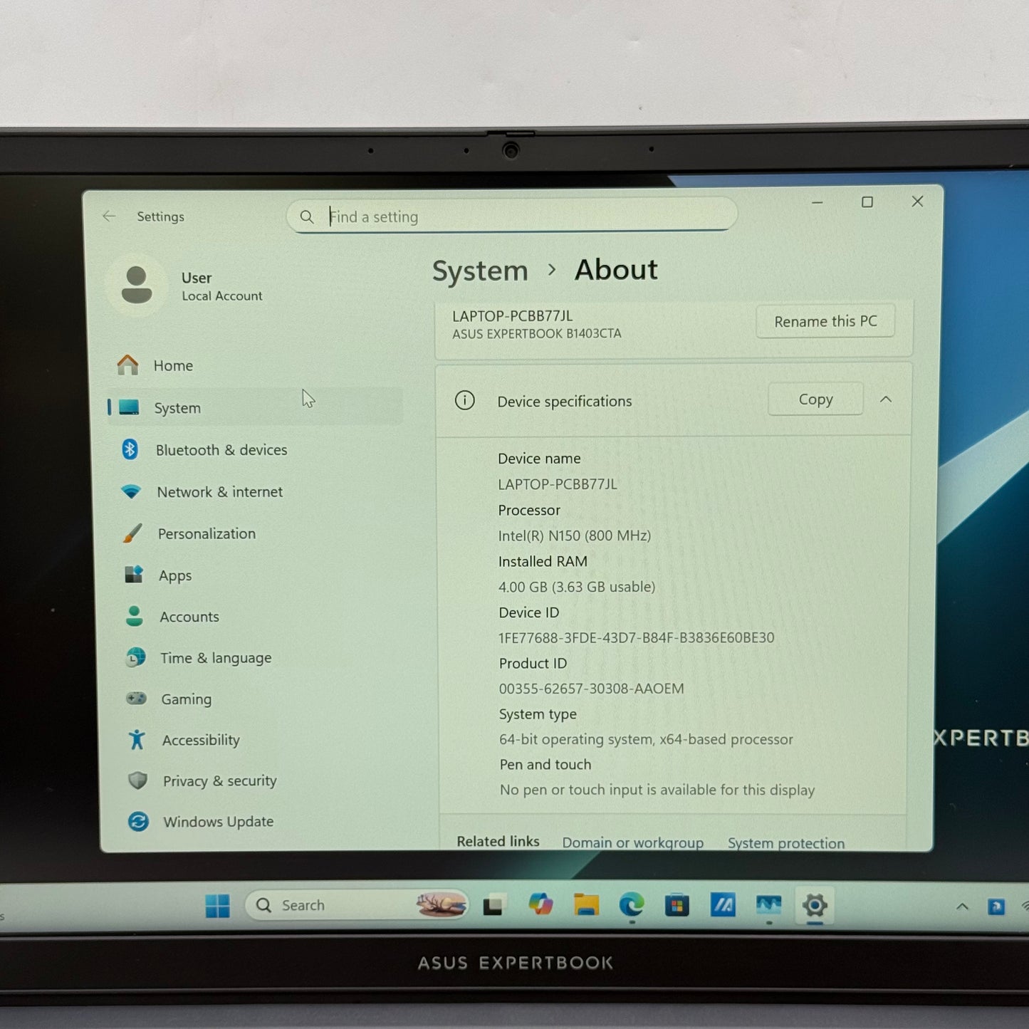 Asus Expertbook B1403CTA 14" N150 0.8GHz 4GB RAM 128GB SSD