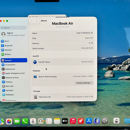 2024 Apple Macbook Air 13.6" M3 8C GPU 4.0GHz 8GB RAM 256GB SSD A3113