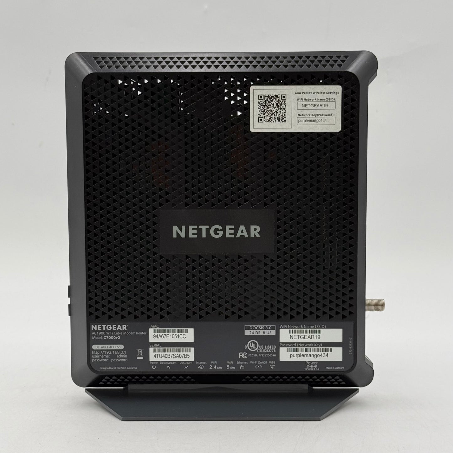 NETGEAR Nighthawk AC1900 WiFi Cable Modem Router Dual Band WiFi 5 C7000-1AZNAS