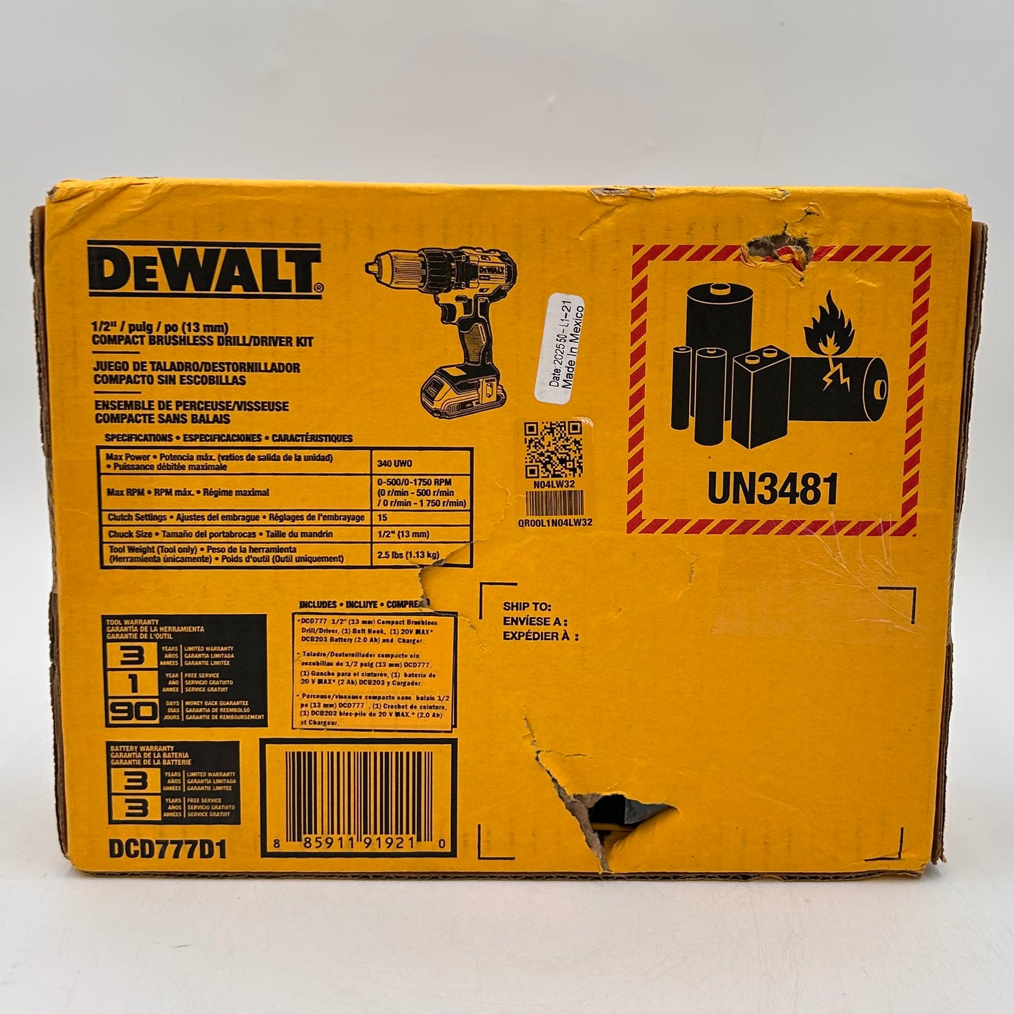New DeWalt DCD777D1 20V MAX Compact Brushless Drill/Driver Kit (13mm)