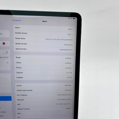 Factory Unlocked Apple iPad Pro 12.9" 4th Gen 1TB Space Gray NXG22LL/A Read