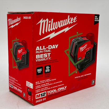 New Milwaukee 3622-20 M12 12V Green Laser- Cross Line & Plumb Points