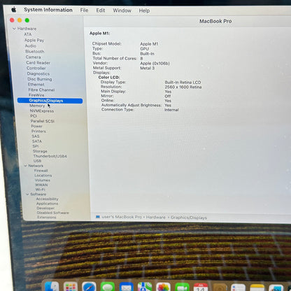 2020 Apple MacBook Pro 13.3" M1 8C GPU 3.2GHz 8GB RAM 256GB SSD READ