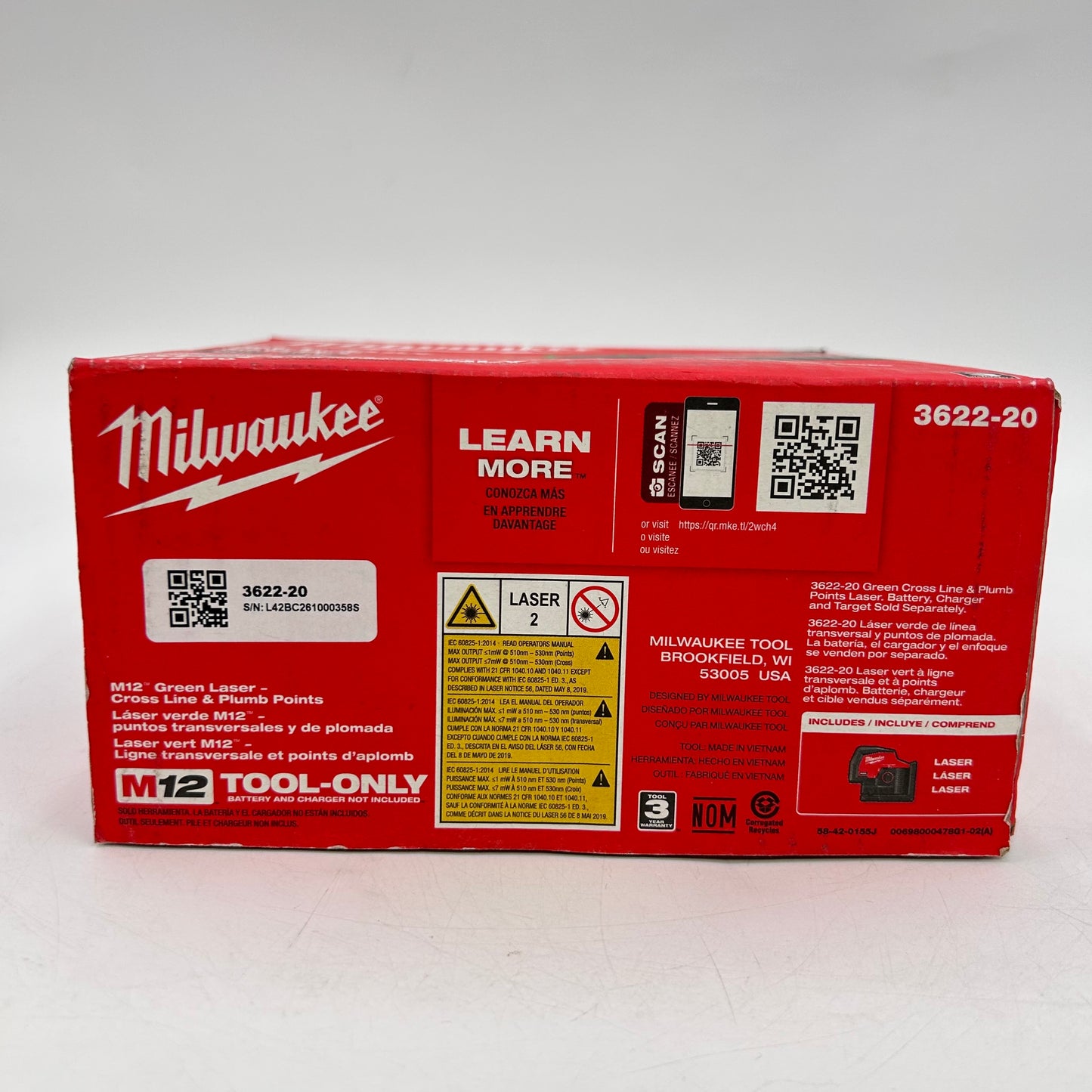 New Milwaukee 3622-20 M12 12V Green Laser- Cross Line & Plumb Points