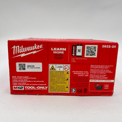 New Milwaukee 3622-20 M12 12V Green Laser- Cross Line & Plumb Points