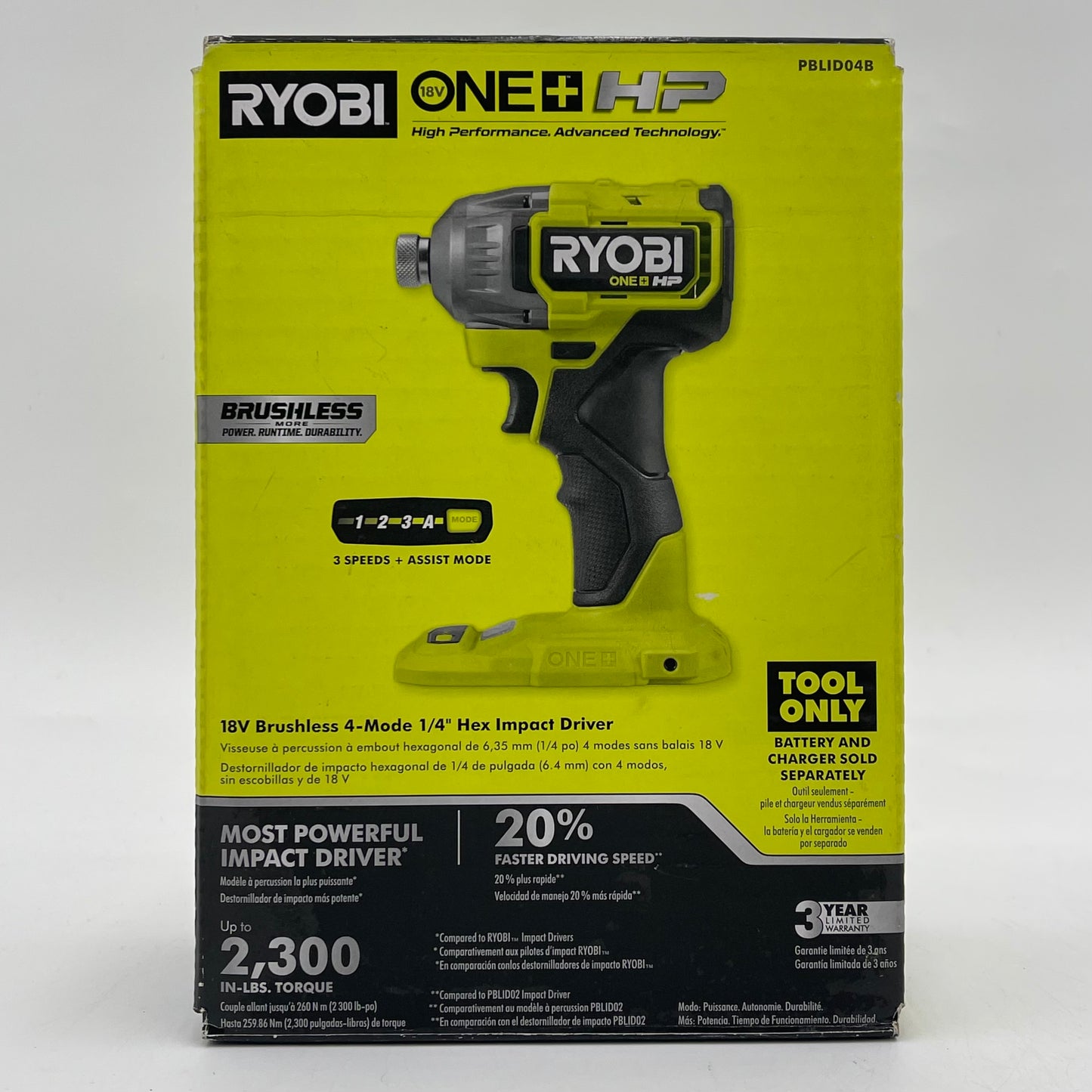 New Ryobi PBLID04B 18V Brushless 4-Mode 1/4" Hex Impact Driver