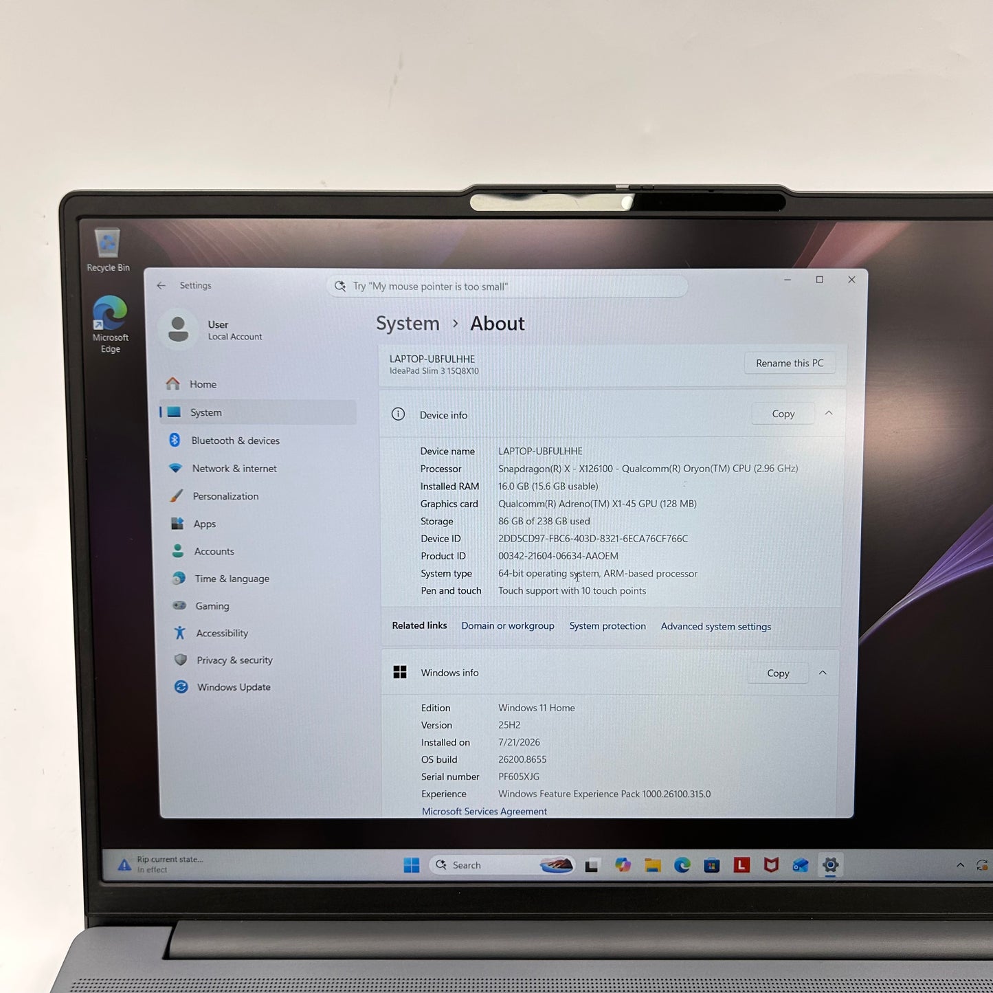 Lenovo IdeaPad Slim 3 15Q8X10 15.3 Snapdragon X  2.9GHz 16GB RAM 256GB SSD