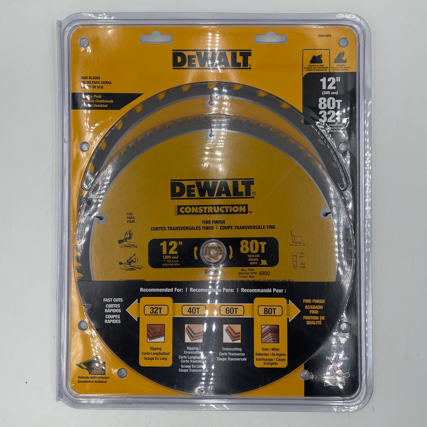 New DeWalt DW3128P5 Saw Blades Combo 12" 32 80 Tooth Fine Finish Carbide Miter