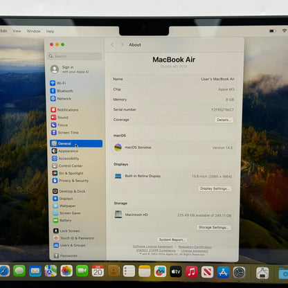 2024 Apple MacBook Air 13.6" M3 8C GPU 4.0GHz 8GB RAM 256GB SSD A3113
