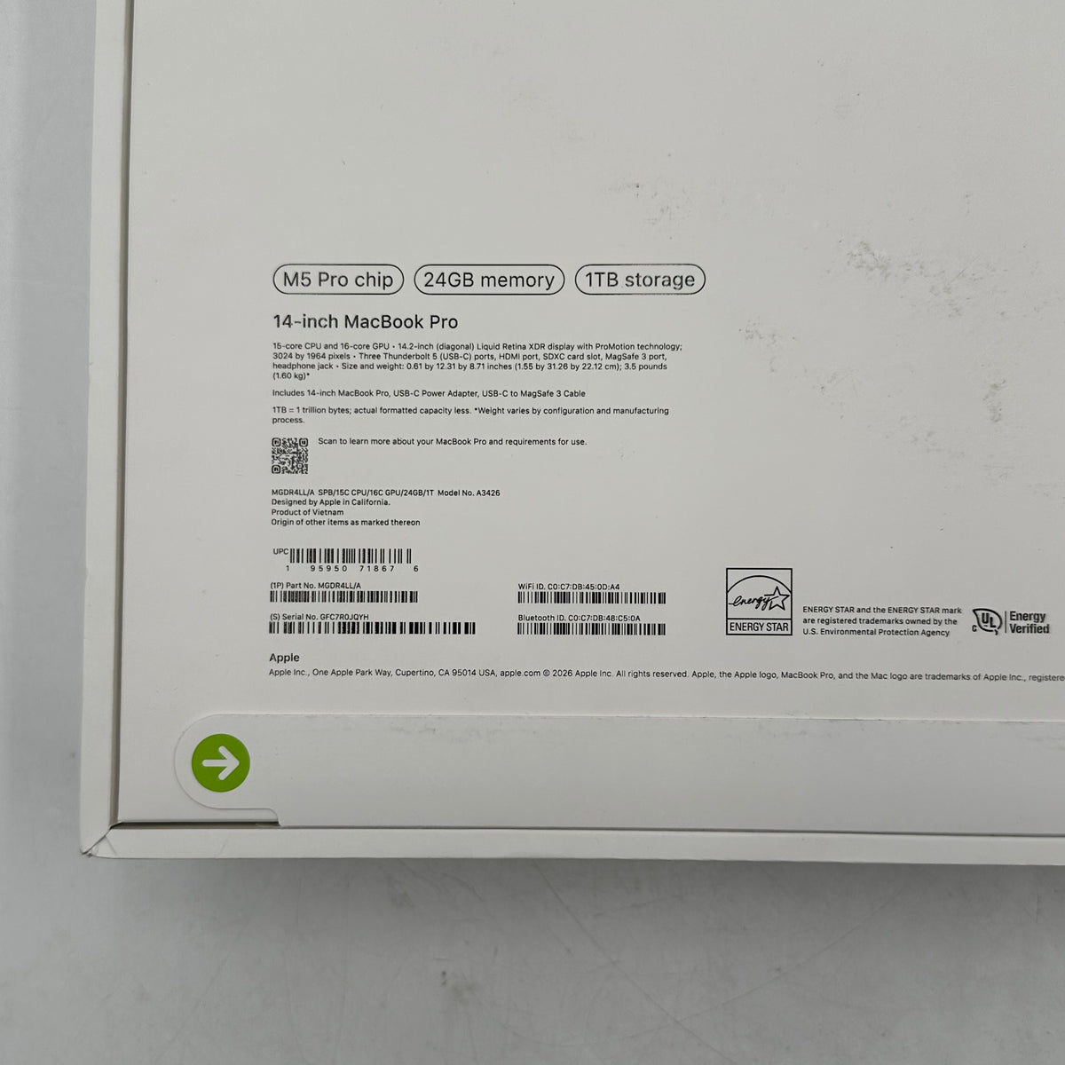New 2026 Apple MacBook Pro 14" M5 Pro 16C GPU 4.6GHz 24GB RAM 1TB SSD A3426