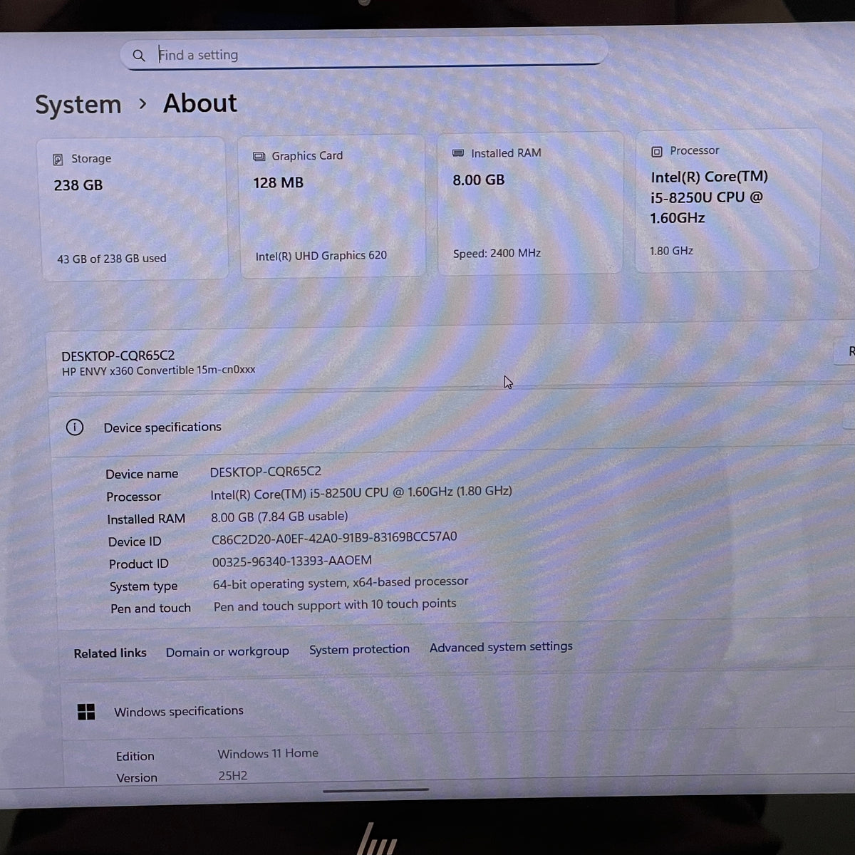 HP Envy x360 15M-CN0011DX 15.6" i5-8250U 1.6GHz 8GB RAM 256GB SSD